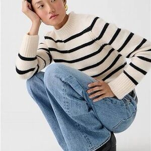 J. Crew 100% Cashmere Roll Mock Neck Black and White Striped Sweater Size S